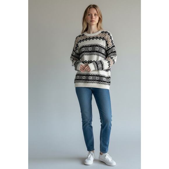 Hollister Women’s S Small Oversized Crewneck Sweater Fair Isle Cream Black Tan - Picture 3 of 14